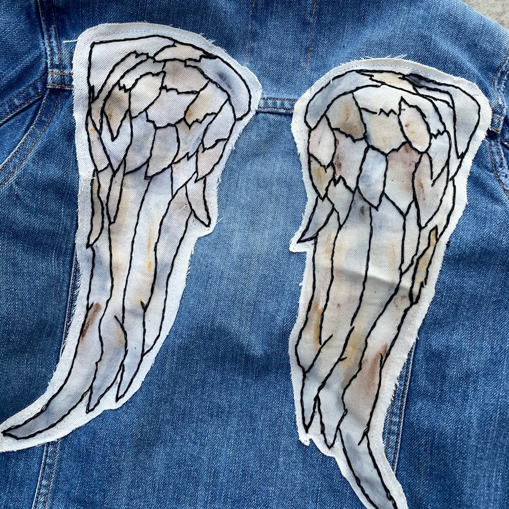 Angel wings embroidered patchwork upcycled jean jacket y2k - Picture 10 of 15